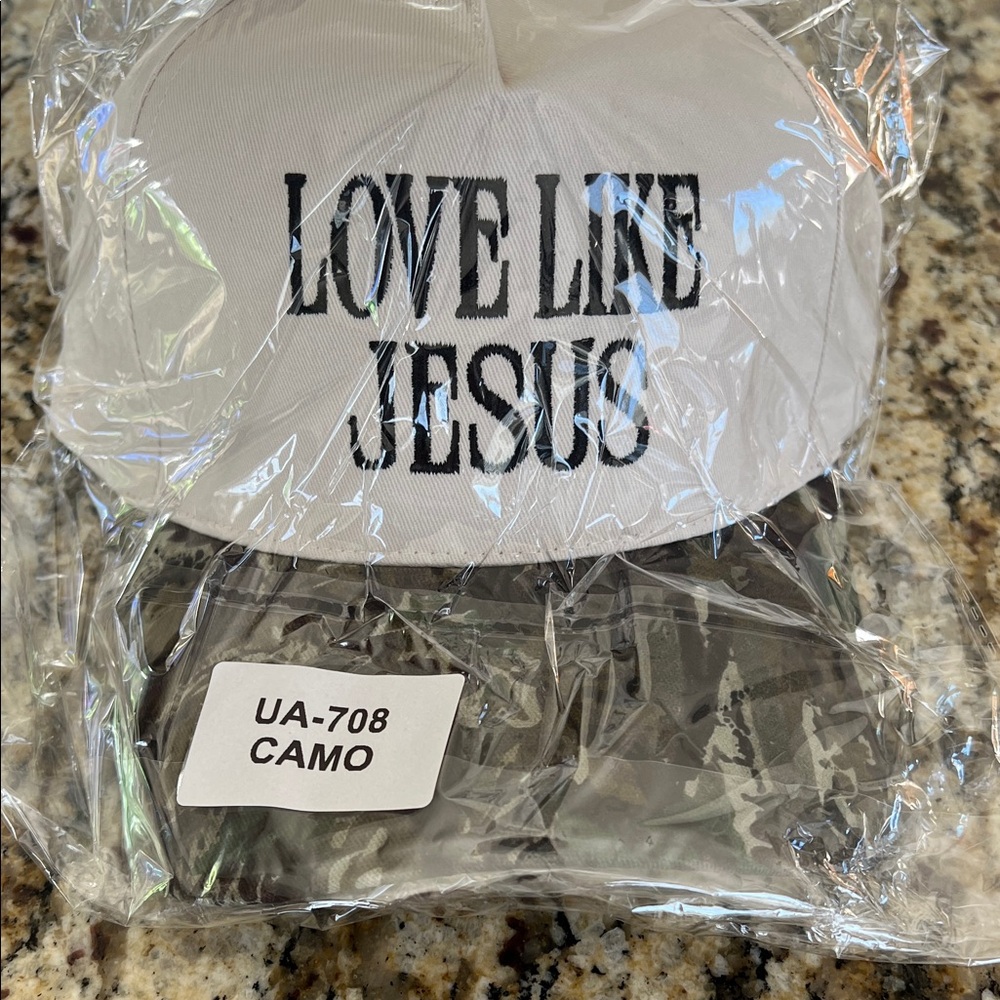 White Trucker Hat with 'LOVE LIKE JESUS' and Camouflage Brim - Picture 5 of 5